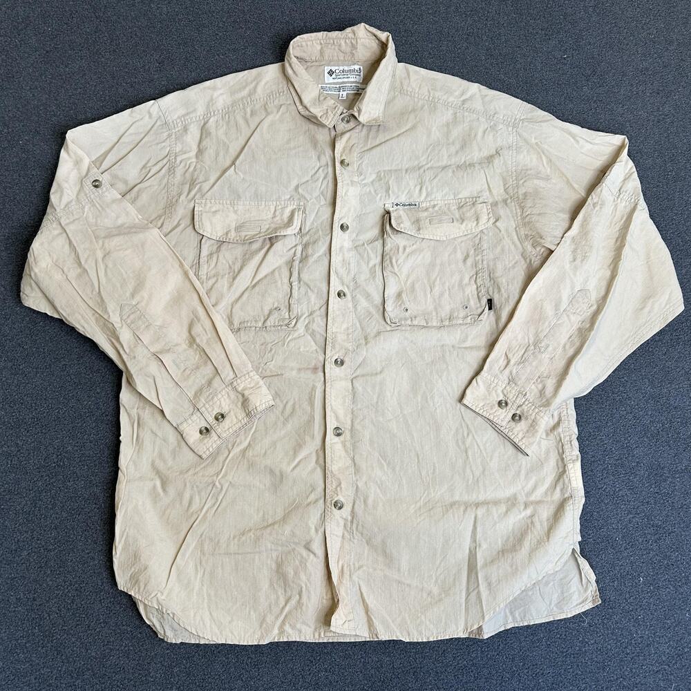 Columbia Shirt Mens Large Beige Long Sleeve Button Front Outdoor Hiking